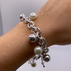 Silver tone silver ball bead and faux pearl bracelet with rhinestone heart charm